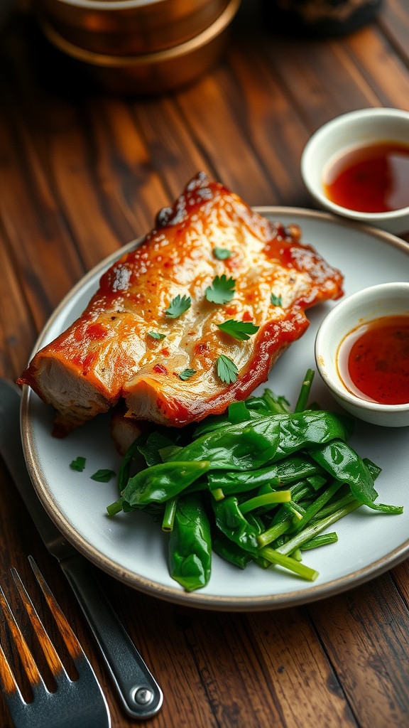 Crispy pork belly with golden skin and tender meat, garnished with herbs, on a rustic table.